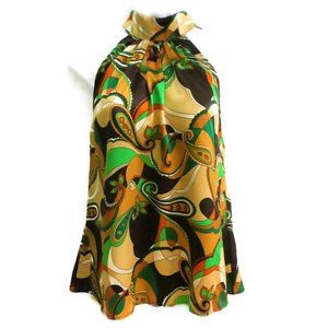 Vintage Famosa Top Satin Sleeveless Paisley 70s Mock Tie Psychedelic USA Small